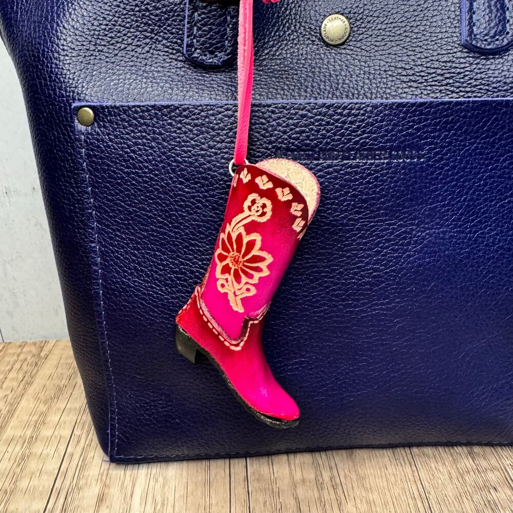 Western Genuine Leather Purse Charm Pink Cowboy Boot Keychain NeW FAST SHIP